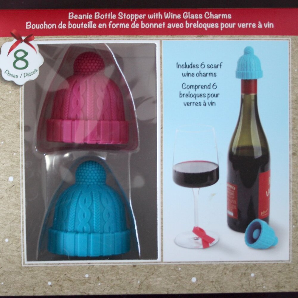 Beanie Cap 2 silicone bottle stoppers and 6 wine charms